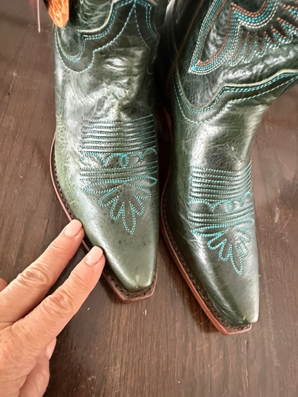 Justin Boots Dark Green Western Boots with Turquoise and Brown  Stitching 6.5 - Picture 3 of 13
